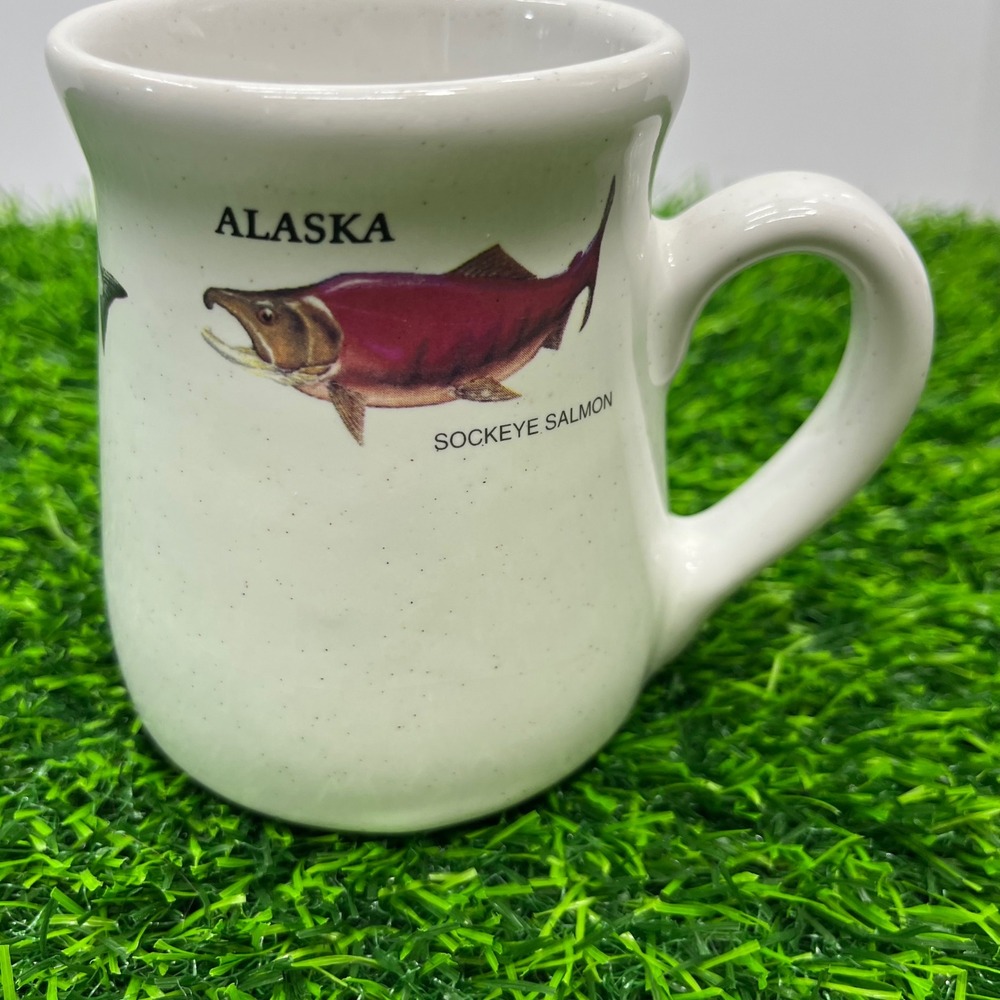 Vintage 1991 Anglers Expressions Alaska Salmon Fish Coffee‎ Mug Speckled Ceramic